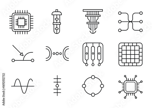 Quantum Processor Icons. Outline icon set of Quantum processors: superconducting chip, cooling chamber,
