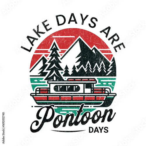 Lake days pontoon boat mountains trees water vector