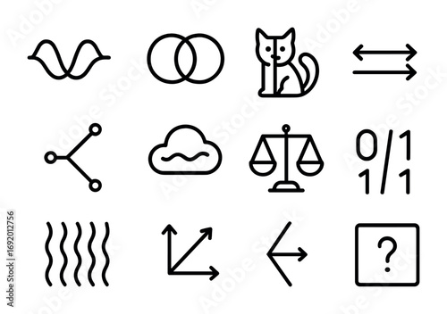 Quantum State Icons. Outline icon set of Superposition states: double wave, overlapping circles, Schrodinger