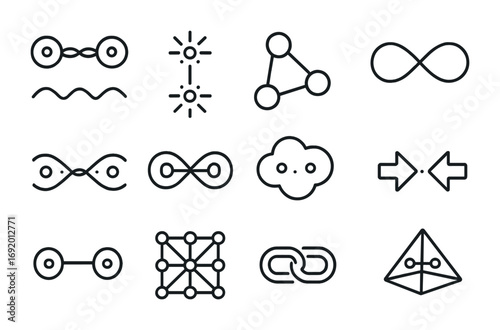 Quantum Entanglement Icons. Outline icon set of Quantum entanglement: linked particles, photon pair, entangled