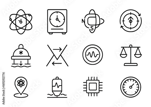Quantum Sensors Icons. Outline icon set of Quantum sensors: atomic clock, gravimeter, magnetometer, gyroscope,