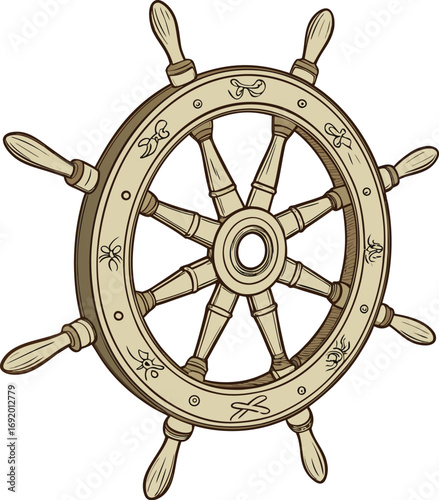 Vintage wooden ship's helm with ornate decorative elements and eight handles ship wheel nautical style vector illustration EPS file download