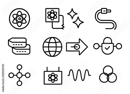 Quantum Networking Icons. Outline icon set of Quantum networking: quantum internet node, entanglement repeater