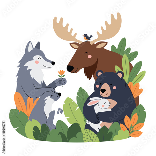 Forest friends sharing kindness and love in a whimsical woodland scene