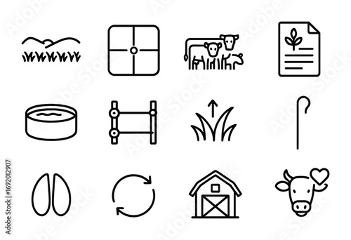 Holistic Grazing Icons. Outline icon set of Holistic grazing: pasture field, rotational paddock, cattle herd,