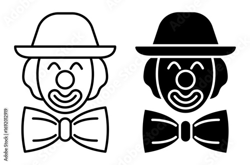Line icon. Good natured clown with funny makeup on face, round nose and an absurdly large bow tie. Simple black and white vector isolated on white background