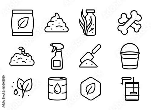Organic Fertilizer Icons. Outline icon set of Organic fertilizers: compost bag, manure pile, seaweed extract,