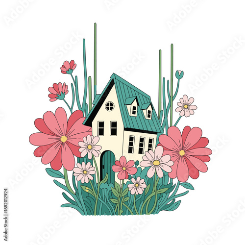 Charming storybook cottage surrounded by vibrant spring blossoms and lush greenery