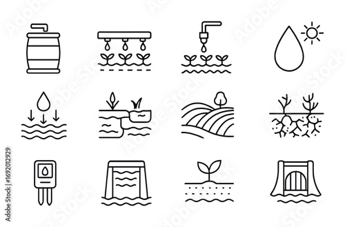 Water Conservation Icons. Outline icon set of Water conservation: rain barrel, irrigation pipe, drip