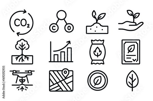 Carbon Farming Icons. Outline icon set of Carbon farming: carbon cycle arrows, CO2 molecule, soil capture,