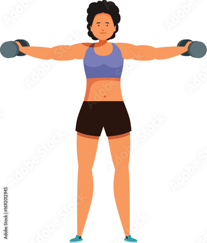 Woman performing lateral raise with dumbbells, strengthening shoulder muscles
