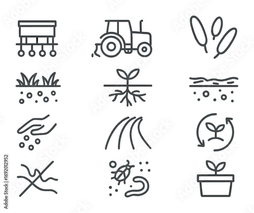 No-Till Farming Icons. Outline icon set of No-till farming: seed drill, tractor with no-till tool, crop