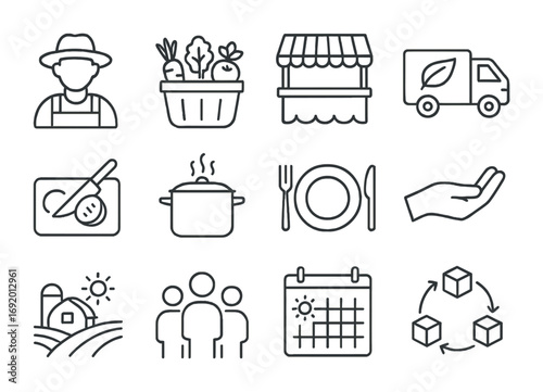 Farm-to-Table Icons. Outline icon set of Farm-to-table cycle: farmer icon, vegetable basket, market stall,
