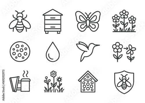 Pollinator Icon Set. Outline icon set of Pollinator support: honeybee, beehive, butterfly, flower patch,