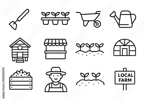 Small-Scale Farming Icons. Outline icon set of Small-scale farming: hand hoe, seedling tray, wheelbarrow,