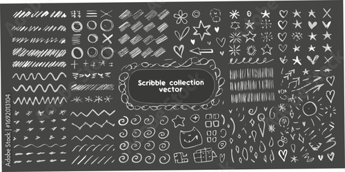 Collection of hand drawn white scribbles and doodles on a dark background