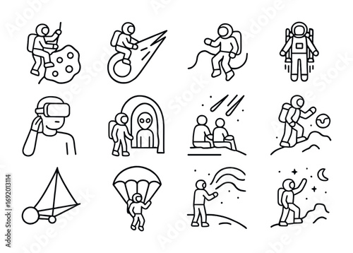 Space Adventure Icons. Outline icon set of Space adventure tours: asteroid climbing, comet ride, spacewalk