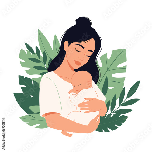 Mother holding her newborn baby tenderly surrounded by lush green leaves and tropical plants