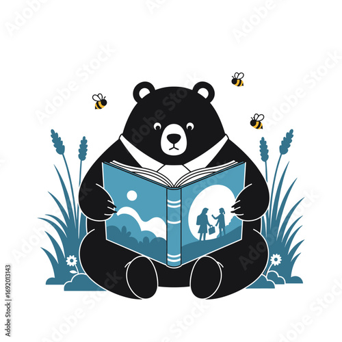 A big black bear sits reading a book amongst tall grass and tiny bees