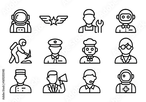 Space Economy Icons. Outline icon set of Space economy jobs: astronaut guide, pilot badge, mechanic wrench, AI