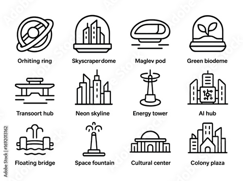 Futuristic Space City Icons. Outline icon set of Futuristic space cities: orbiting ring city, skyscraper dome,