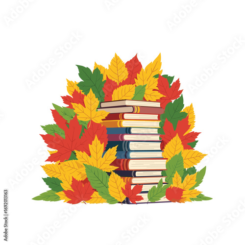 A stack of books nestled amongst colorful autumn leaves a perfect fall reading scene
