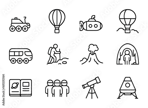 Planetary Excursion Icons. Outline icon set of Planetary excursions: Mars buggy, Venus balloon, Europa