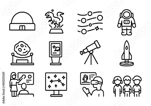 Space Museum Icons. Outline icon set of Space museums education: planetarium dome, hologram dinosaur, cosmic