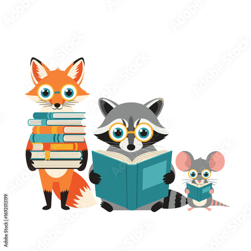Cute anthropomorphic fox raccoon and mouse reading books together happily