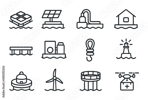 Floating Settlement Icons. Outline icon set of Floating Settlements: modular platform, solar panel, wave