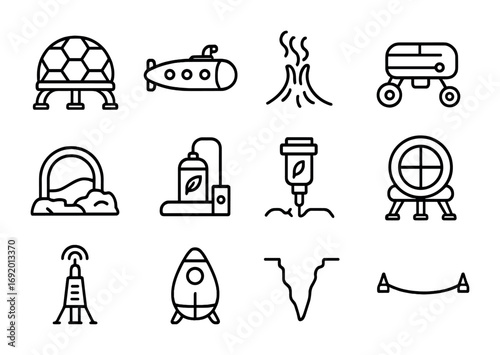 Deep Sea Colony Icons. Outline icon set of Deep Sea Colonies: pressure-resistant dome, submarine, geothermal