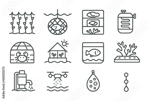 Ocean Farming Icons. Outline icon set of Ocean Farming: kelp farm, fish net, oyster cage, algae reactor, crab