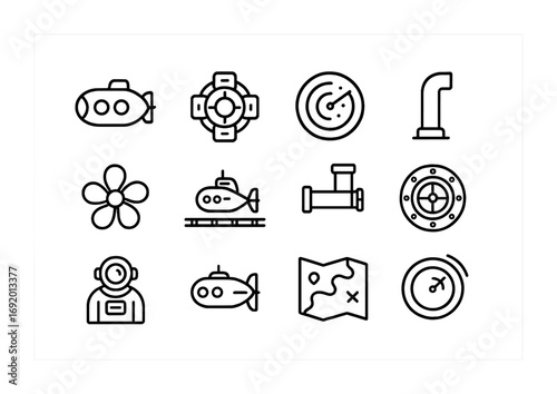 Submarine Icon Set. Outline icon set of Submarine Transport: submarine pod, docking hub, sonar screen,