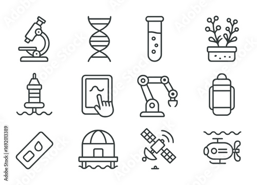 Aquatic Research Icons. Outline icon set of Aquatic Research Labs: microscope, DNA helix, lab tube, algae