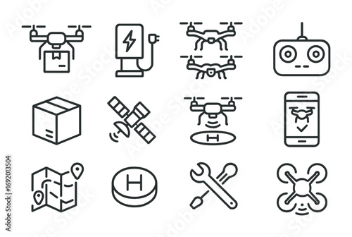 Drone Economy Icons. Outline icon set of Drone Economy: delivery drone, charging station, drone fleet, remote