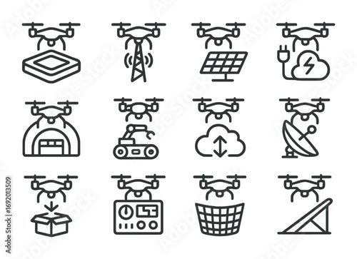 Drone Infrastructure Icons. Outline icon set of Drone Infrastructure: docking hub, wireless tower, solar