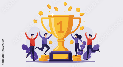 Golden Trophy Celebration with Cheerful People.