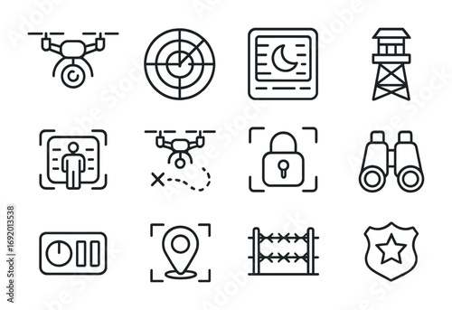 Drone Surveillance Icons. Outline icon set of Drone Surveillance: camera drone, radar screen, night vision,