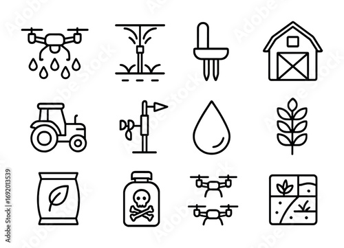 Agricultural Drone Icons. Outline icon set of Agricultural Drones: crop sprayer drone, irrigation system, soil