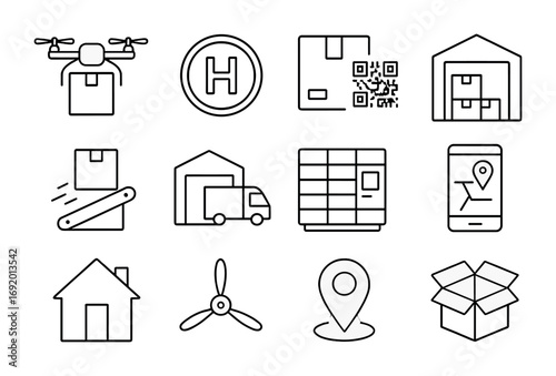 Drone Delivery Icons. Outline icon set of Drone Delivery: parcel drone, landing pad, QR code box, warehouse