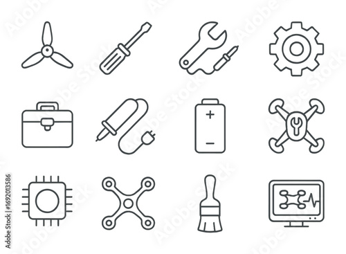 Drone Repair Icons. Outline icon set of Drone Repair Services: propeller, screwdriver, wrench, gear, toolkit,