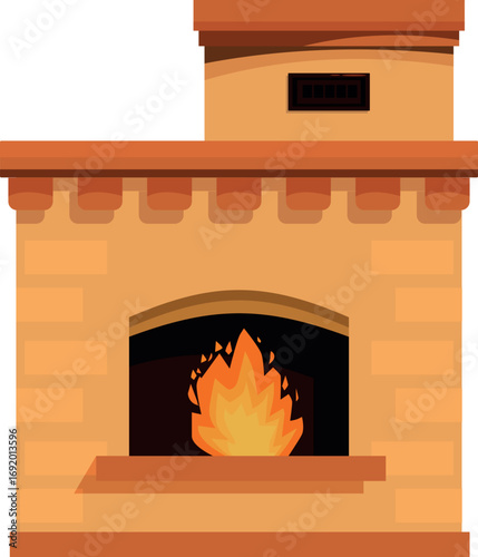 Cozy brick fireplace burning firewood, providing warmth and comfort in a rustic country house, perfect for cold winter evenings