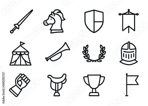 Jousting Icon Collection. Outline icon set of Jousting and Tournaments: lance, horse helm, jousting shield,
