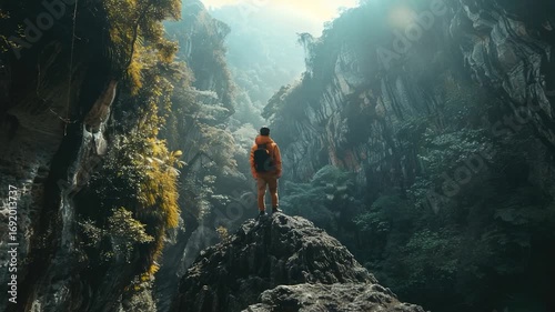 A person stands on the edge of a rocky cliff, overlooking a vast landscape
