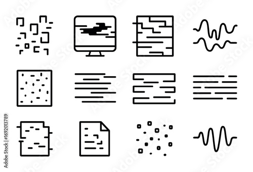 Glitch Aesthetic Icons. Outline icon set of Glitch Aesthetics: pixel fragment, distorted screen, broken grid,