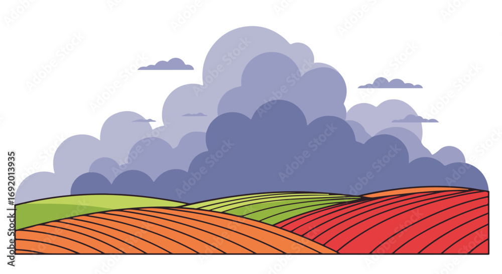 Obraz premium Colorful patterned fields with large clouds above