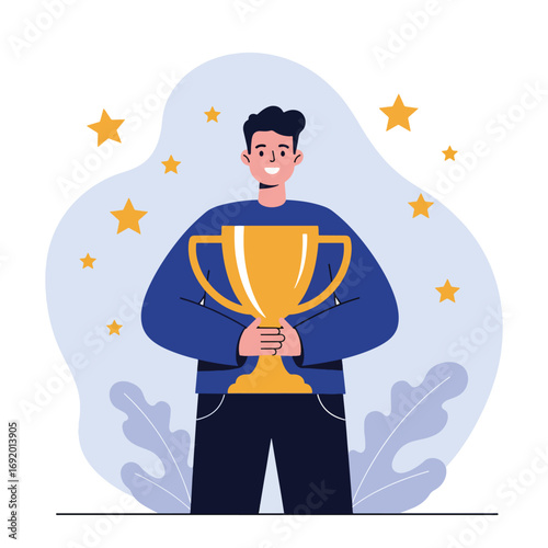 Man Holding Golden Trophy Celebrating Victory.