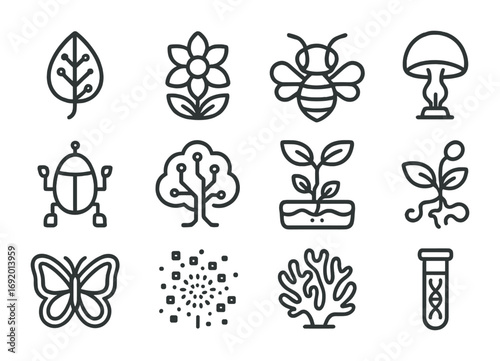 Synthetic Nature Icons. Outline icon set of Synthetic Nature: bioengineered leaf, artificial flower, robotic