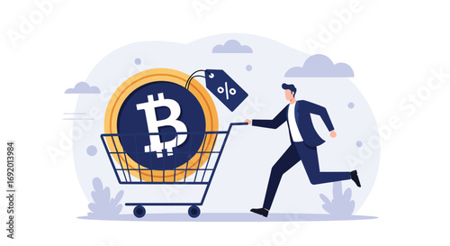 Man Pushing Shopping Cart with Bitcoin and Discount Tag.