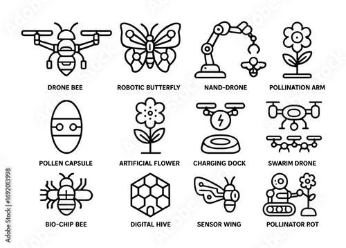Robo-Pollinators Icon Set. Outline icon set of Robo-Pollinators: drone bee, robotic butterfly, nano-drone,